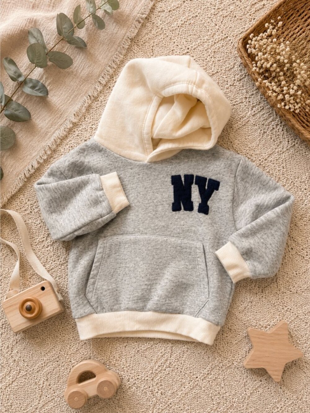 Zara Kids Hooded Sweatshirt in Gray, Cream with Navy NY Applique